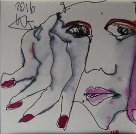 Finger im Gesicht, 14/14 cm, Zeichnung mit Aquarellfarben