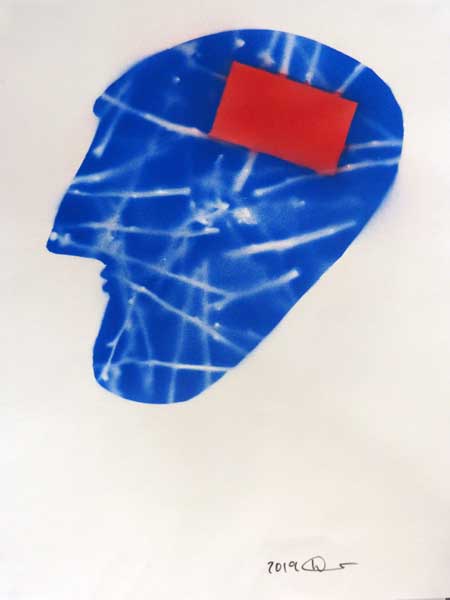 Bild aus Serie, blauer Kopf mit rotem Rechteck